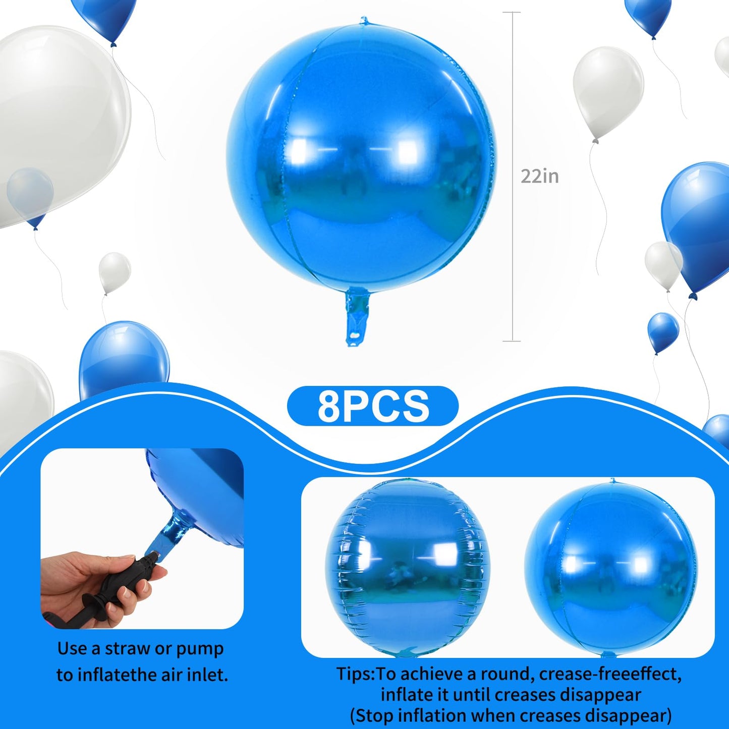 TONIFUL 8Pcs Blue 22-Inch 4D Foil Balloons | Giant Mirror Sephere Mylar Decor
