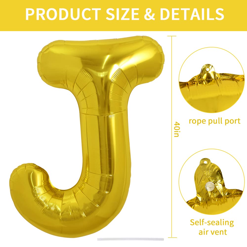 TONIFUL 40 Inch Large Gold Letter J Balloon | Foil Mylar Balloon for Birthday & Party Decor