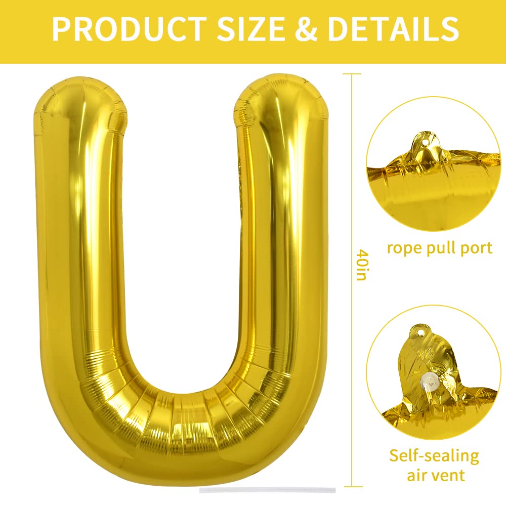 TONIFUL 40-Inch Gold Letter U Balloon – Large Foil Mylar Letter Balloon for Birthday & Party Decor