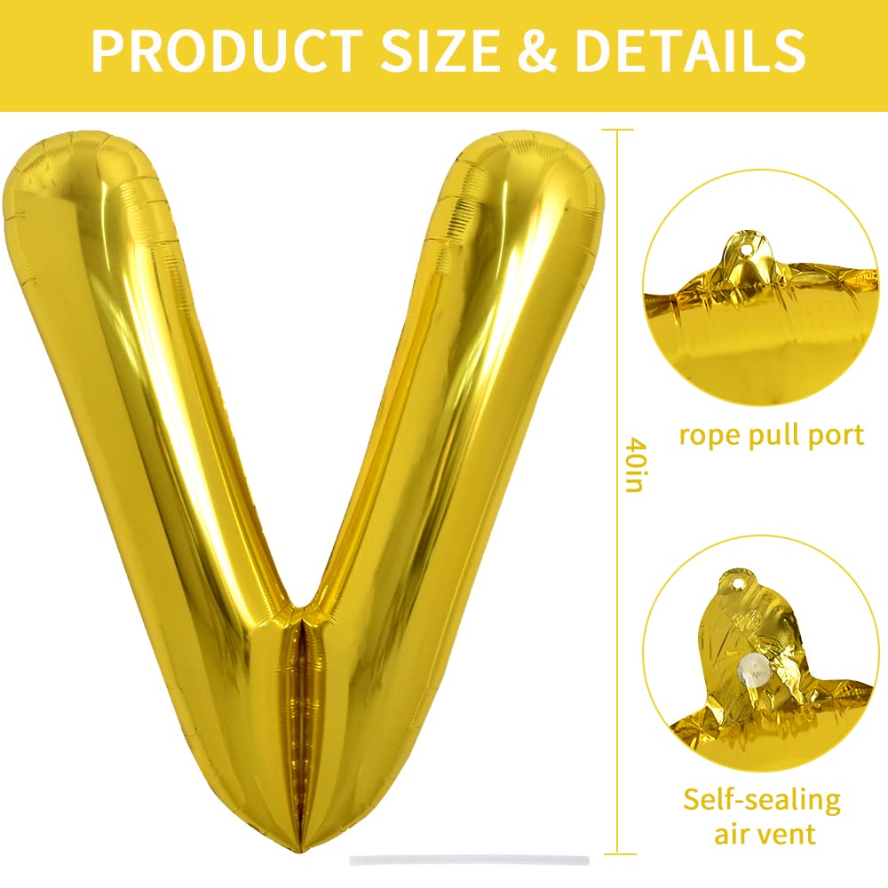 TONIFUL 40 Inch Gold Letter V Balloon – Foil Mylar Party Decoration