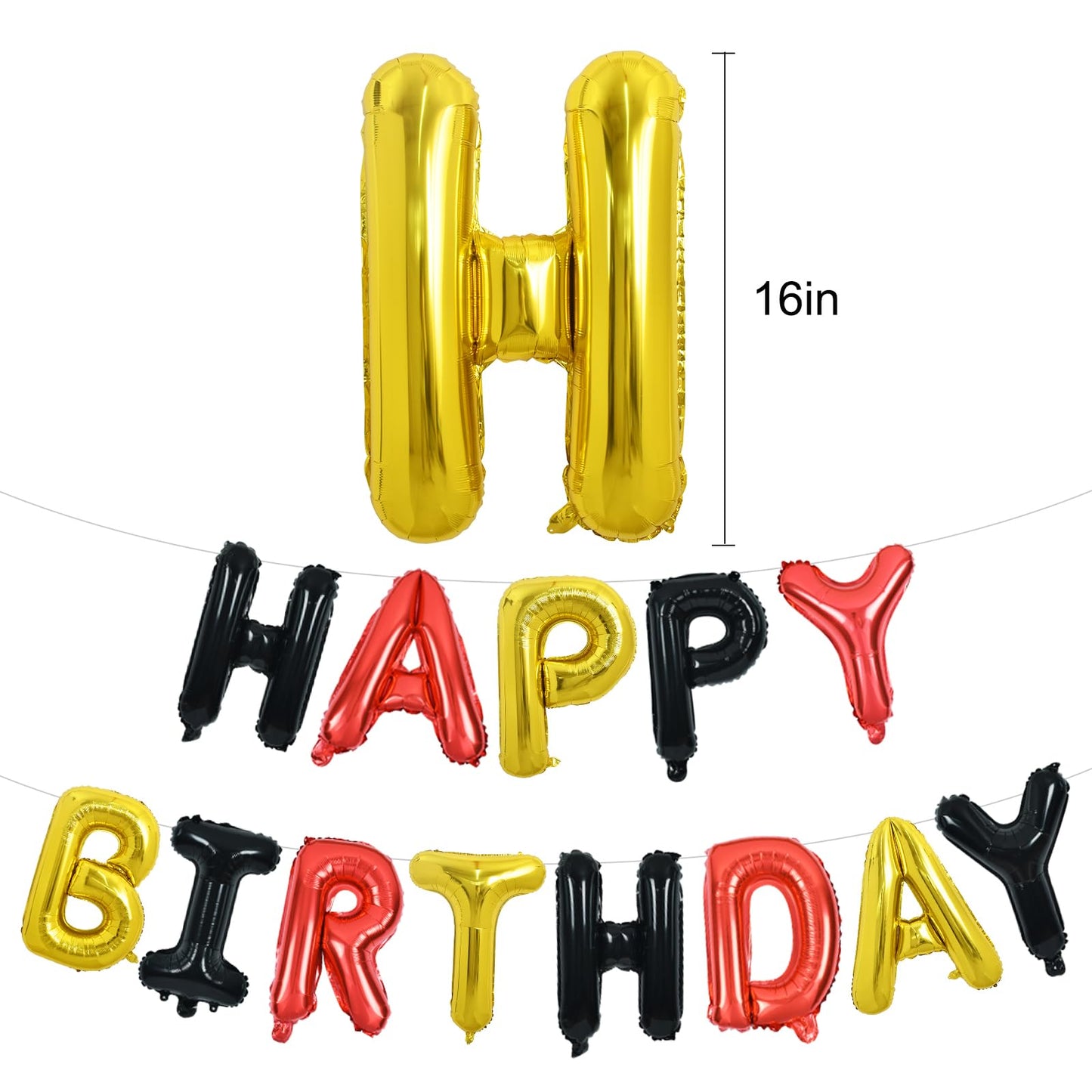 TONIFUL Happy Birthday Balloons Banner - 16inch Foil Letters, Reusable Party Decor (Black Red Gold)