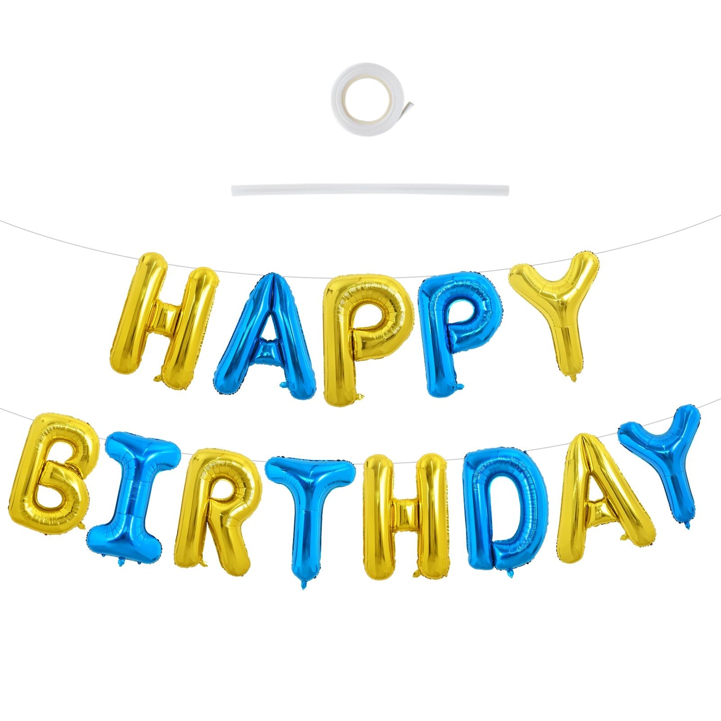 TONIFUL Happy Birthday Foil Letter Balloons 16 Inch Banner – Gold & Blue, Reusable