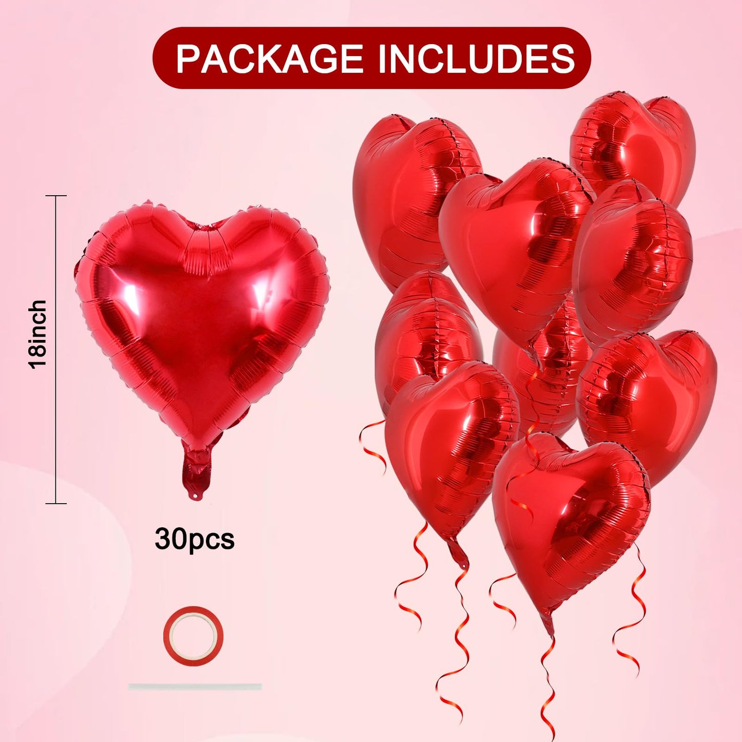 TONIFUL 30Pcs 18in Red Heart Balloons - Valentine's Day Foil Heart Decor for Romantic Weddings & Parties