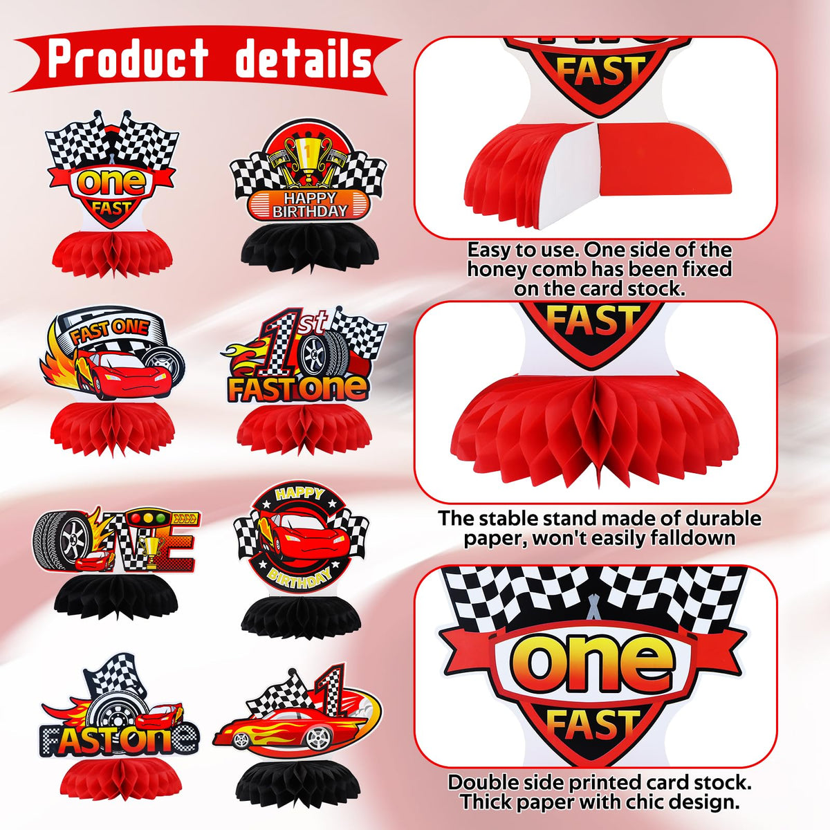 TONIFUL 1st Birthday Race Car Honeycomb Centerpieces – 8 Pack, ONE Letter, Easy Setup