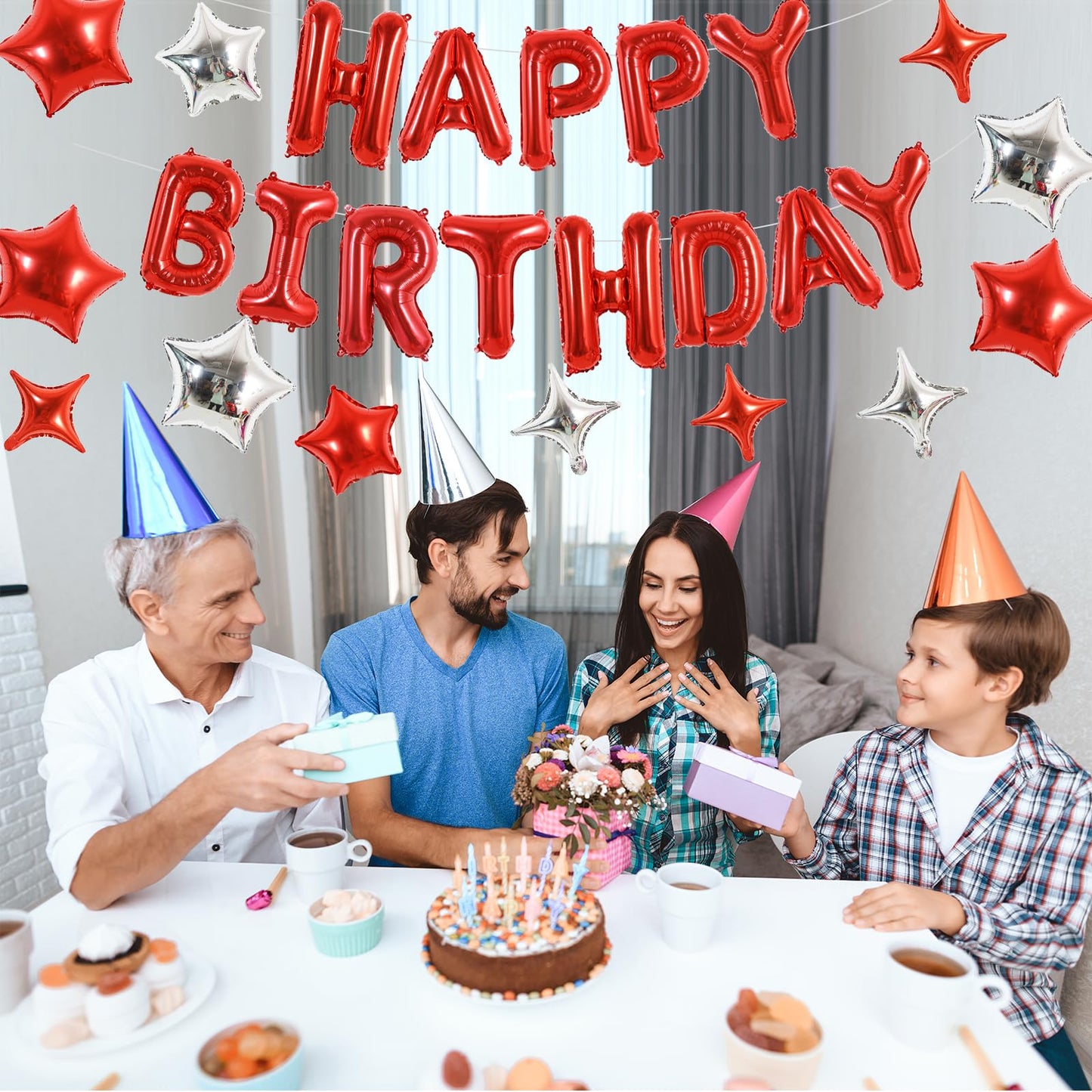 TONIFUL 35PCS Red Happy Birthday Decorations Kit — 16-Inch Balloon Banner + Star Balloons