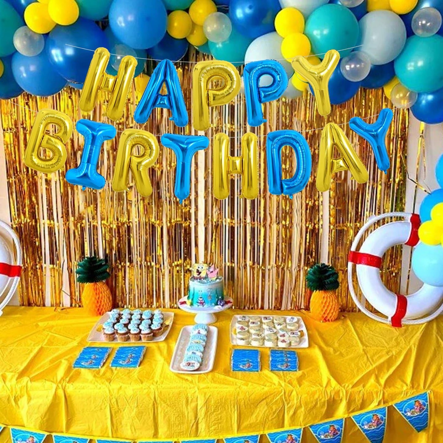 TONIFUL Happy Birthday Foil Letter Balloons 16 Inch Banner – Gold & Blue, Reusable
