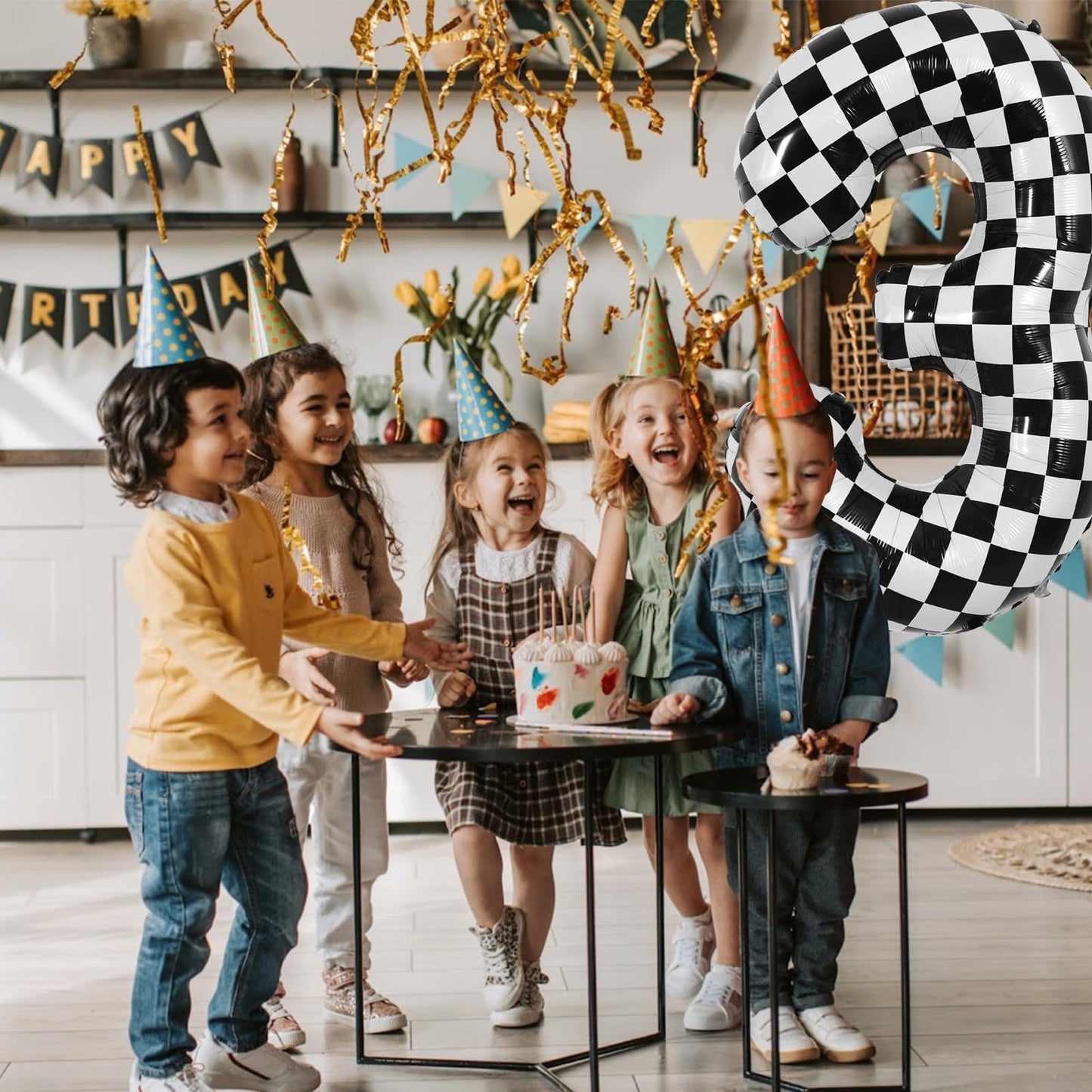 TONIFUL 40-Inch Checkered Number 3 Balloon – Black & White Race Car Birthday Party Decor