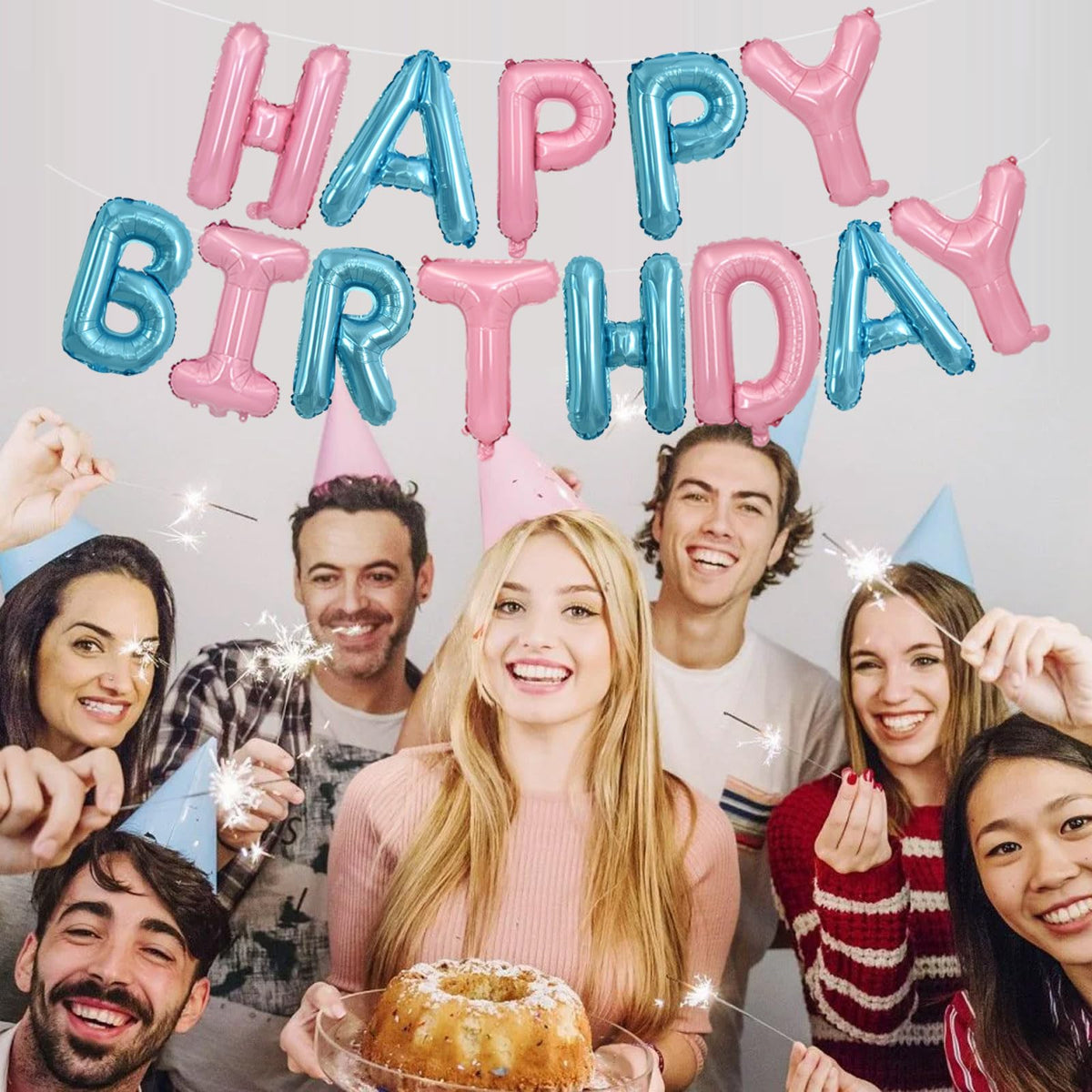 TONIFUL Happy Birthday Balloons Banner – 16-Inch Foil Letter Balloons, Reusable Party Decor (Light Pink & Blue)