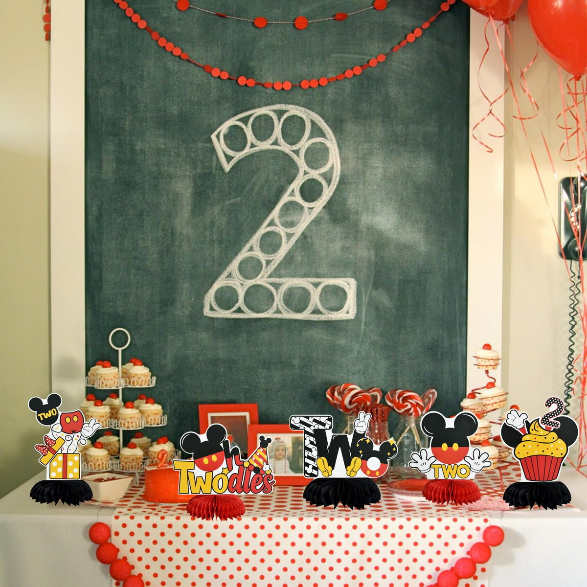 TONIFUL 8-Pack Two-Theme Mouse Honeycomb Centerpieces for 2nd Birthday – Red, Black & Yellow Table Decor