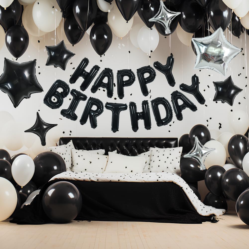 TONIFUL 35PCS Black Happy Birthday Decorations Kit — 16-Inch Letter Banner & Star Balloons