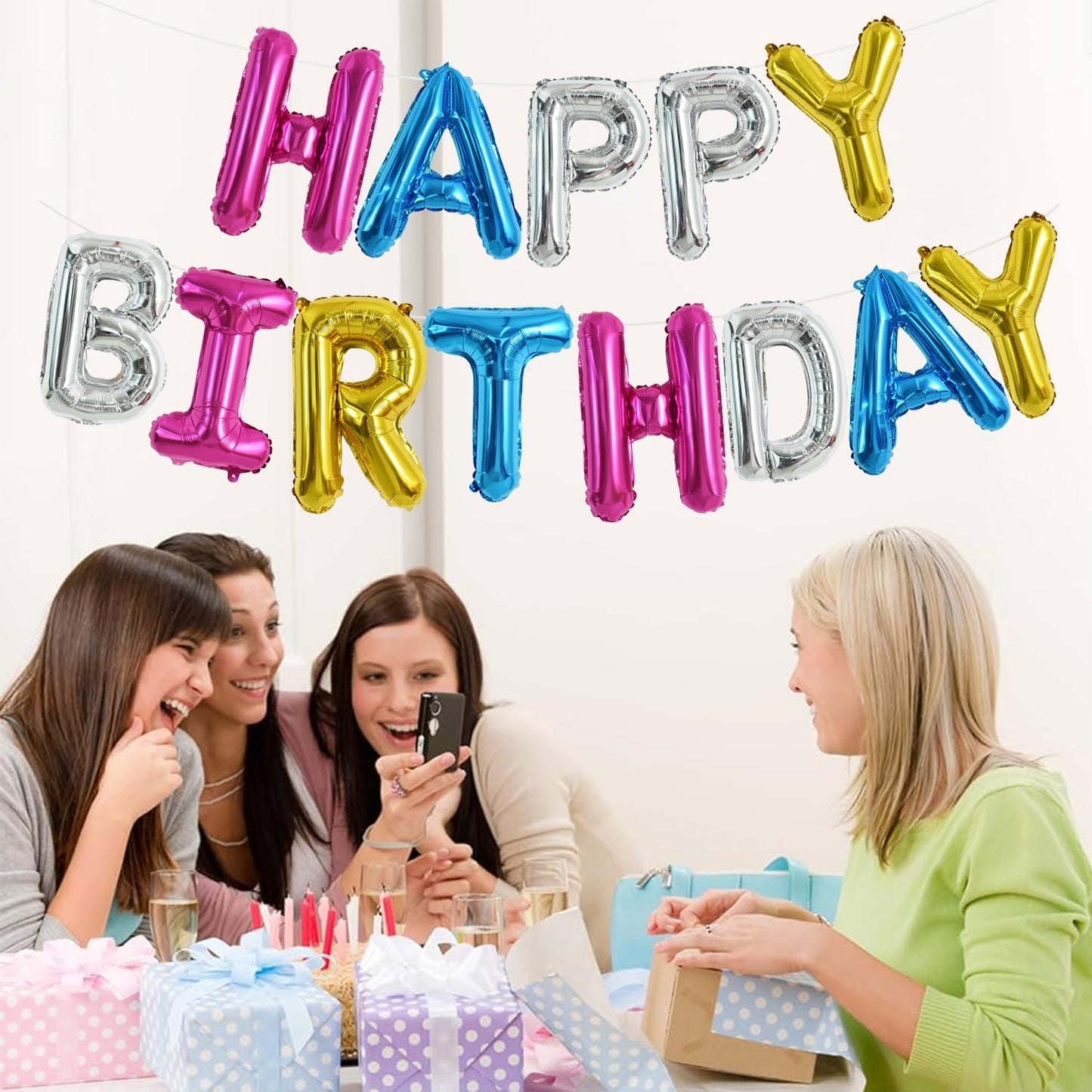 TONIFUL 16-Inch 4-Color Mylar Foil Happy Birthday Banner Letters – 15pc Party Decor