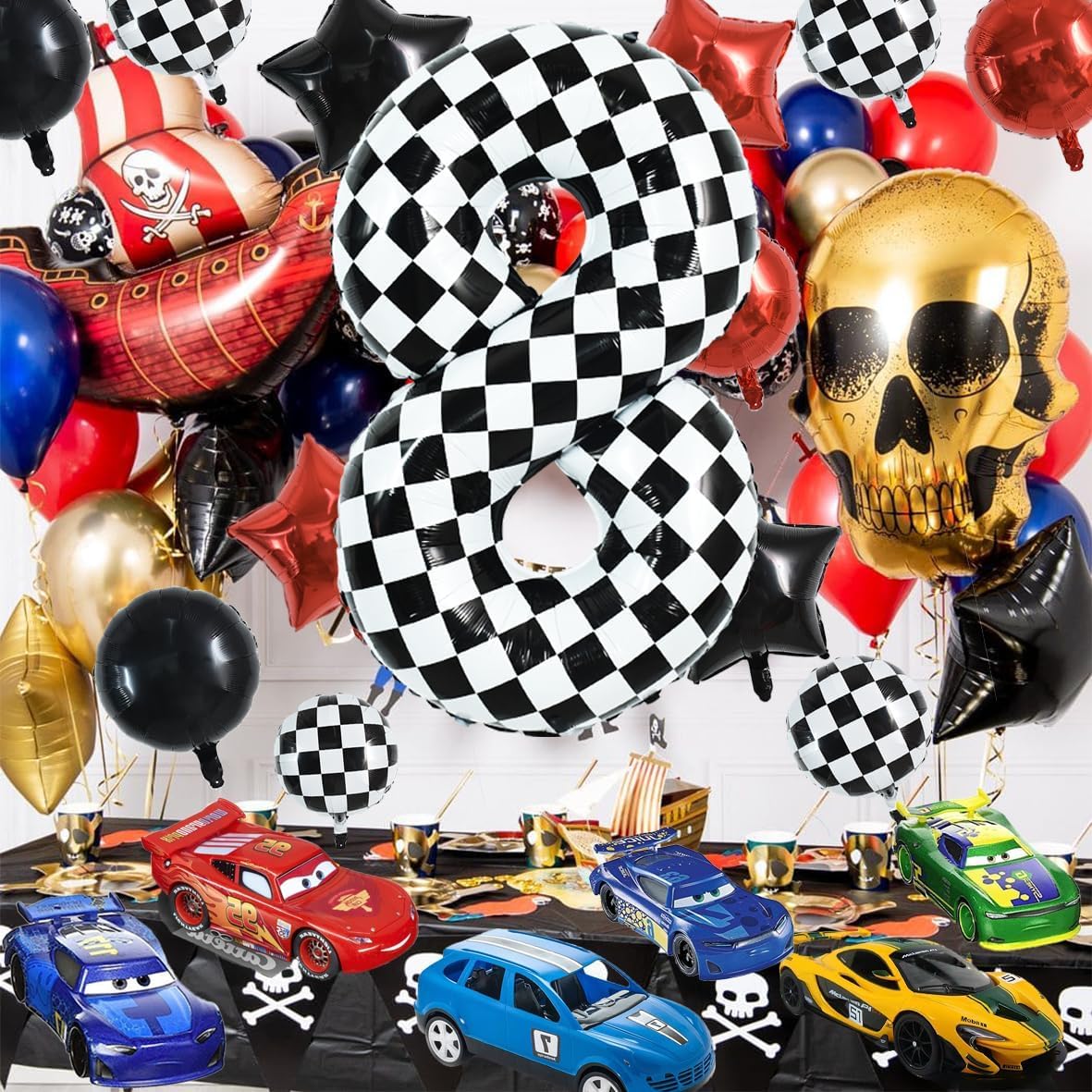 TONIFUL 40-Inch Checkered Number 8 Balloon – Black & White Race Car Birthday Decor