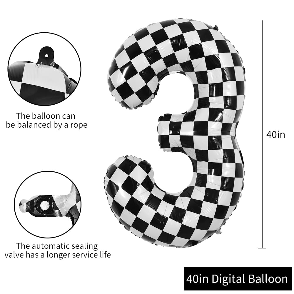 TONIFUL 40-Inch Checkered Number 3 Balloon – Black & White Race Car Birthday Party Decor