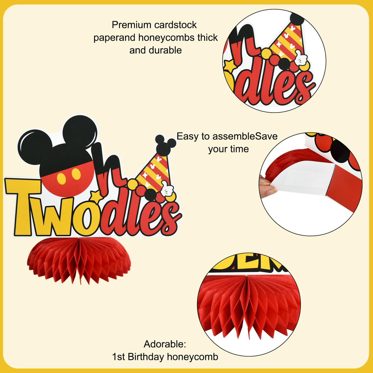 TONIFUL 8-Pack Two-Theme Mouse Honeycomb Centerpieces for 2nd Birthday – Red, Black & Yellow Table Decor