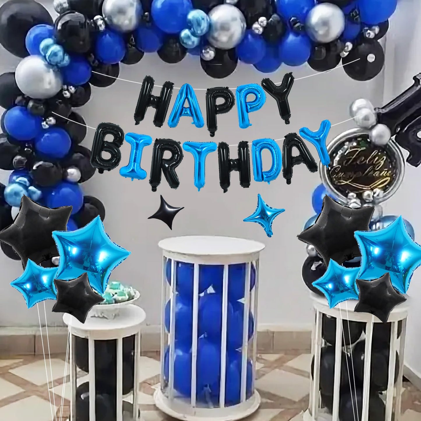 TONIFUL 35PCS Black Blue Happy Birthday Decorations Kit – 16in Foil Letter Banners & Star Balloons