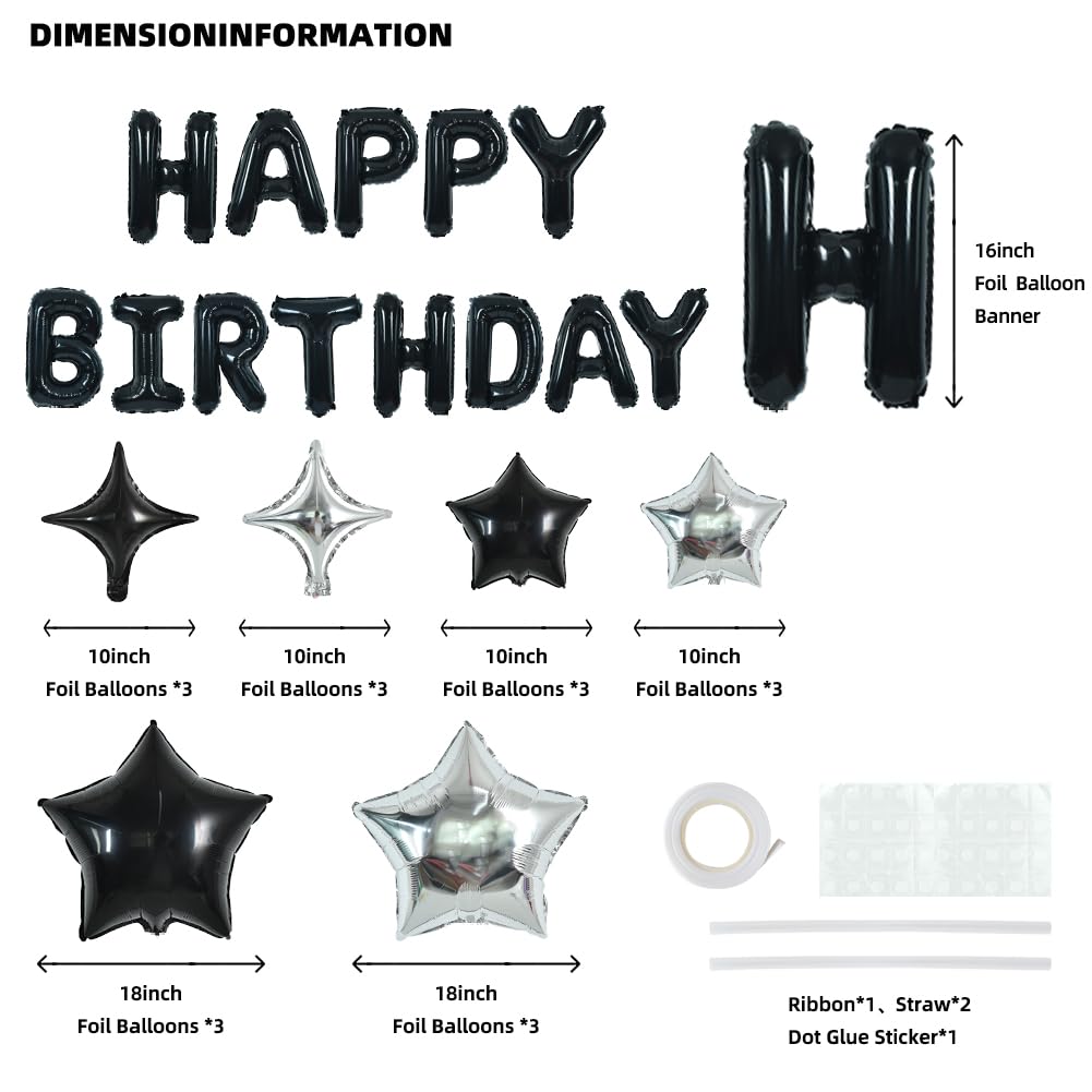 TONIFUL 35PCS Black Happy Birthday Decorations Kit — 16-Inch Letter Banner & Star Balloons