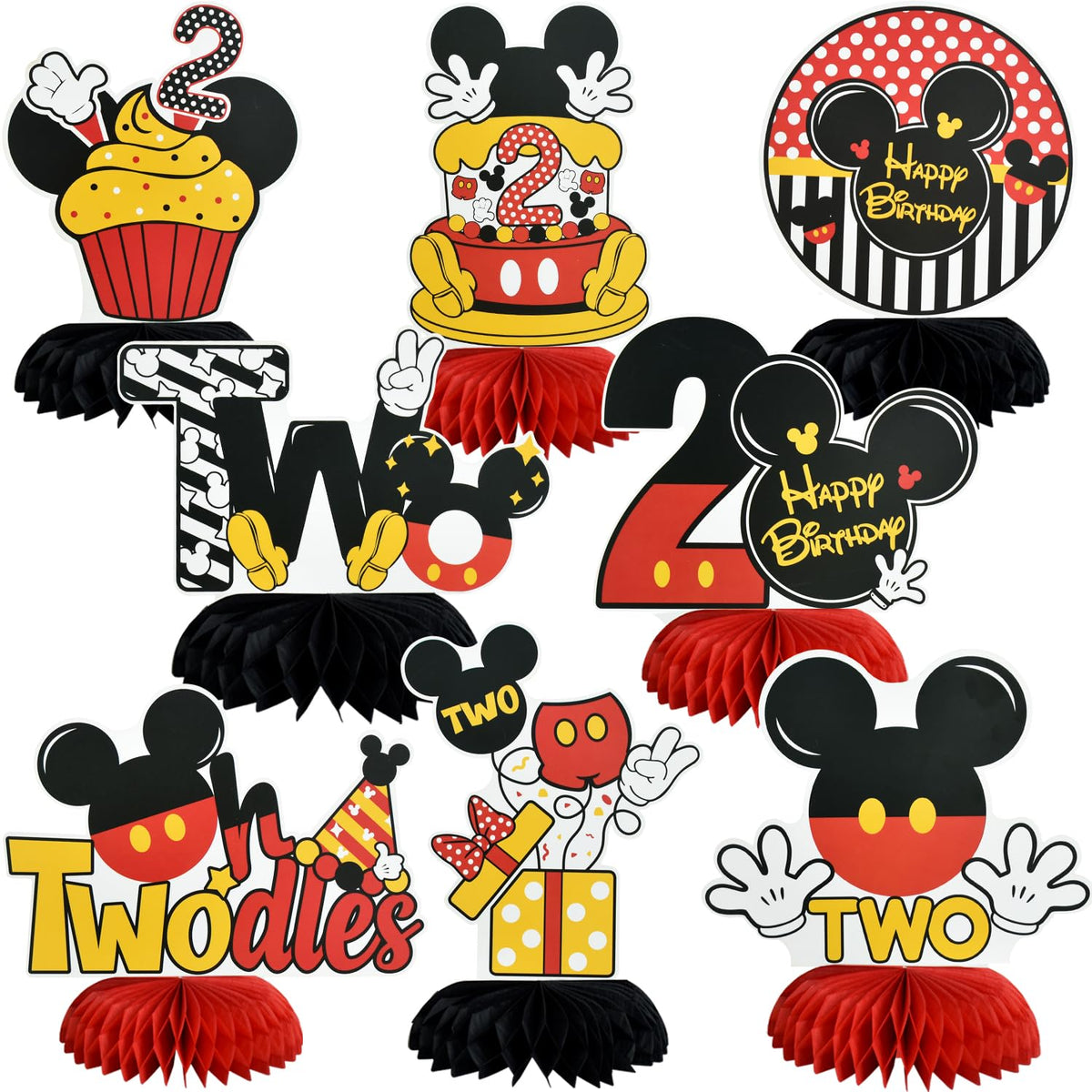 TONIFUL 8-Pack Two-Theme Mouse Honeycomb Centerpieces for 2nd Birthday – Red, Black & Yellow Table Decor