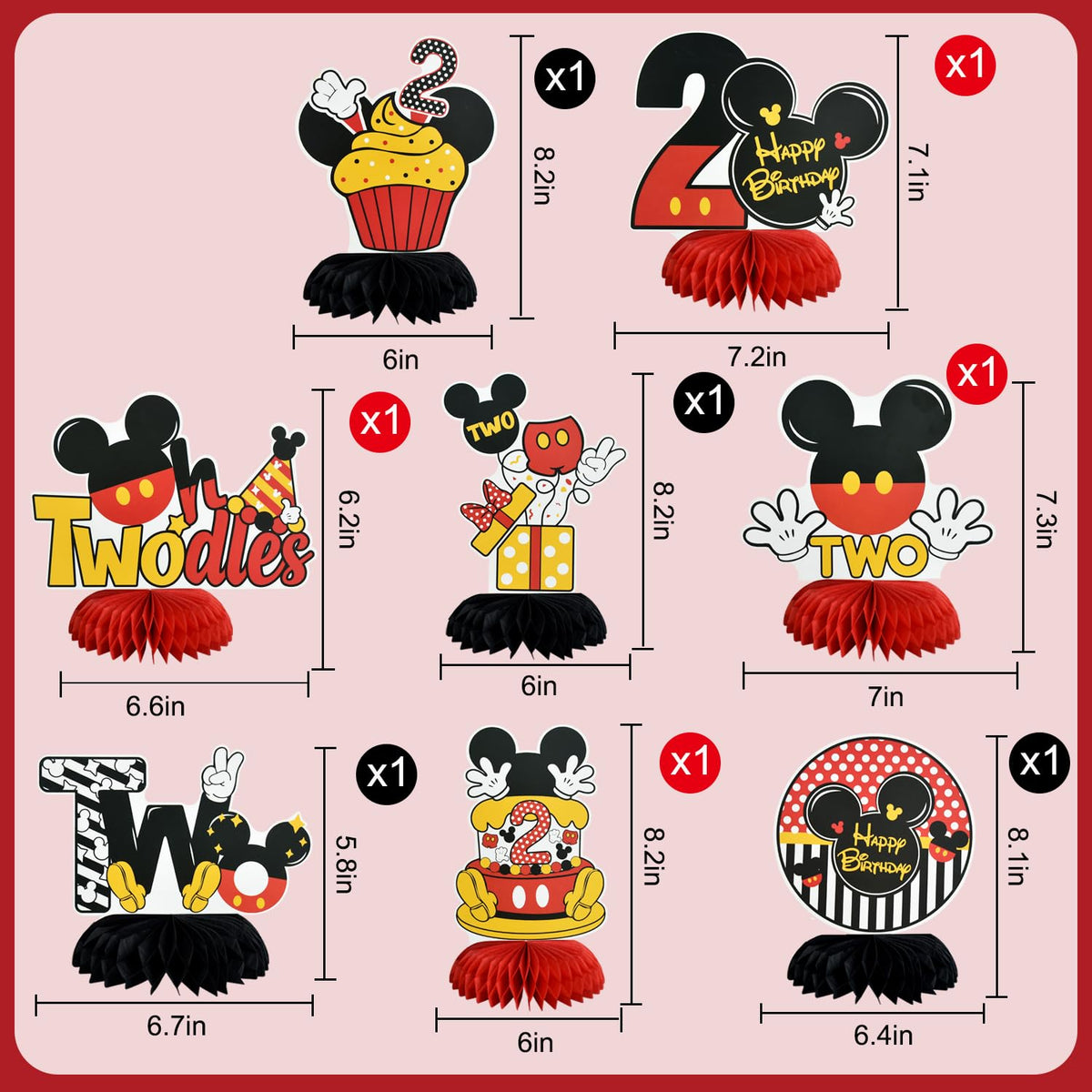 TONIFUL 8-Pack Two-Theme Mouse Honeycomb Centerpieces for 2nd Birthday – Red, Black & Yellow Table Decor