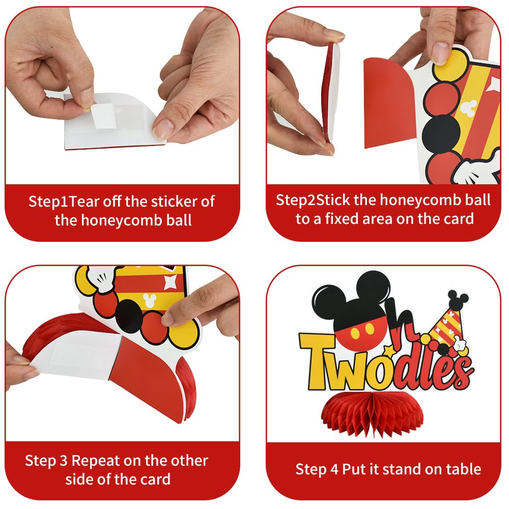 TONIFUL 8-Pack Two-Theme Mouse Honeycomb Centerpieces for 2nd Birthday – Red, Black & Yellow Table Decor