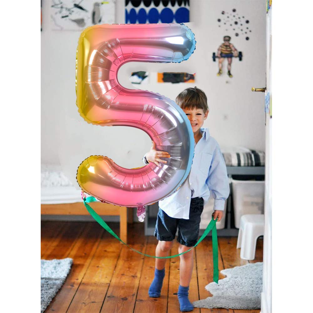 TONIFUL 40-Inch Rainbow Number Balloon 5 – Large Foil Birthday Decor