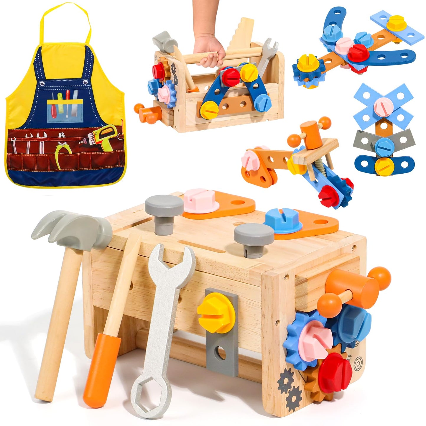 TONZE Kids Tool Set with Apron – 39-Piece Wooden Toddler Tool Bench for 2-5 Year Olds
