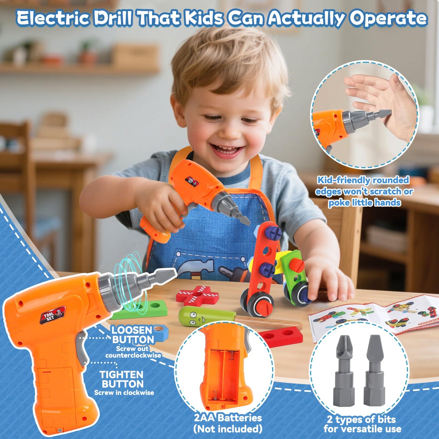 TONZE Kids Tool Set – 44 Pcs STEM Montessori Wooden Toy for 3-5 Year Olds with Apron & Tool Box