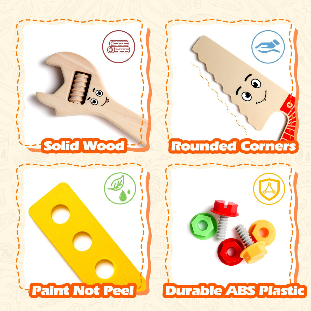 TONZE Kids Tool Set with Tool Belt - 20-Pcs Wooden Montessori STEM Toy for 2-4 Year Olds