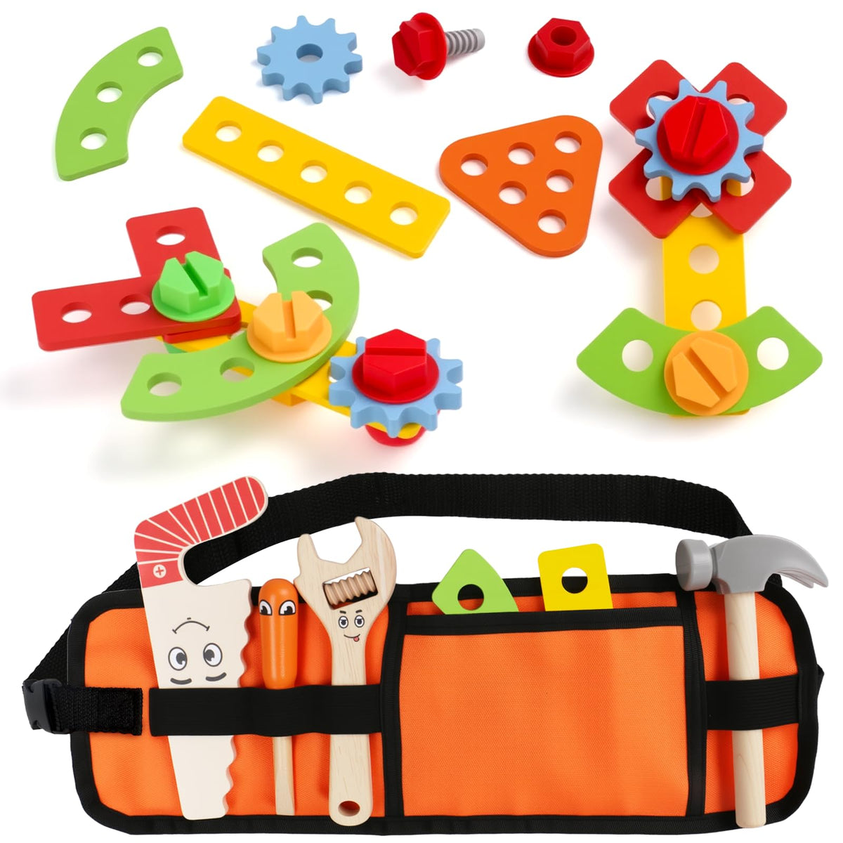 TONZE Kids Tool Set with Tool Belt - 20-Pcs Wooden Montessori STEM Toy for 2-4 Year Olds
