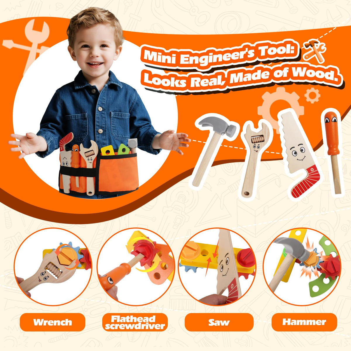 TONZE Kids Tool Set with Tool Belt - 20-Pcs Wooden Montessori STEM Toy for 2-4 Year Olds