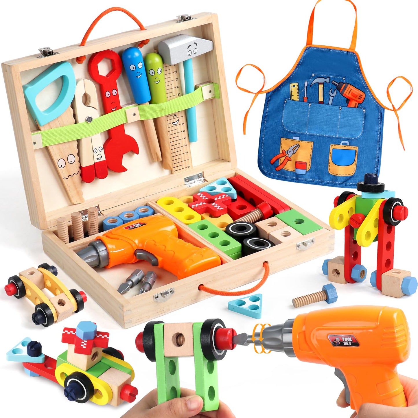 TONZE Kids Tool Set – 44 Pcs STEM Montessori Wooden Toy for 3-5 Year Olds with Apron & Tool Box