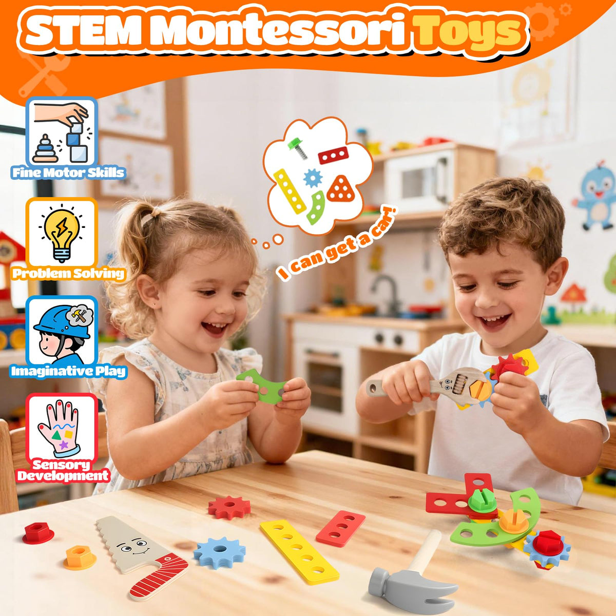 TONZE Kids Tool Set with Tool Belt - 20-Pcs Wooden Montessori STEM Toy for 2-4 Year Olds