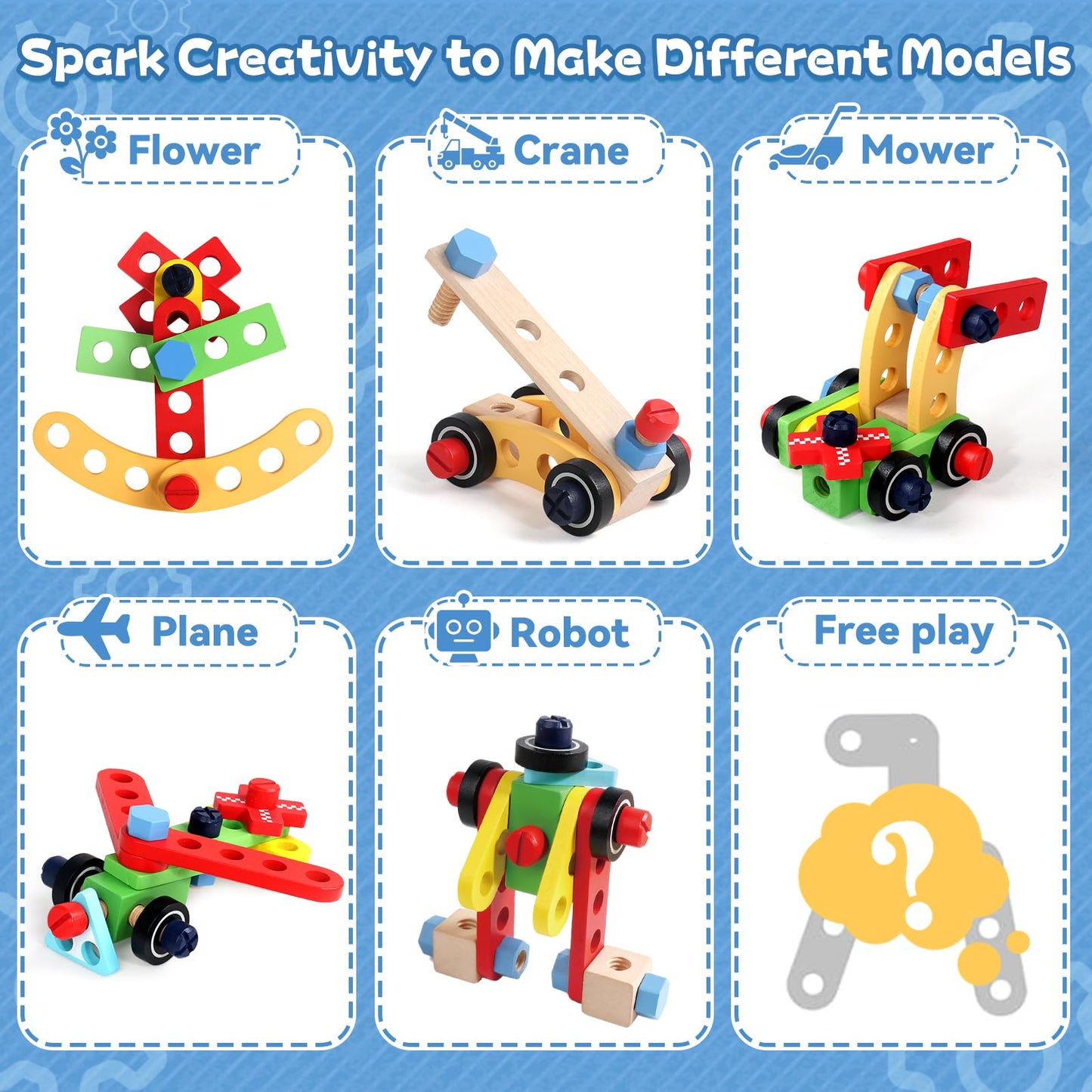 TONZE Kids Tool Set – 44 Pcs STEM Montessori Wooden Toy for 3-5 Year Olds with Apron & Tool Box