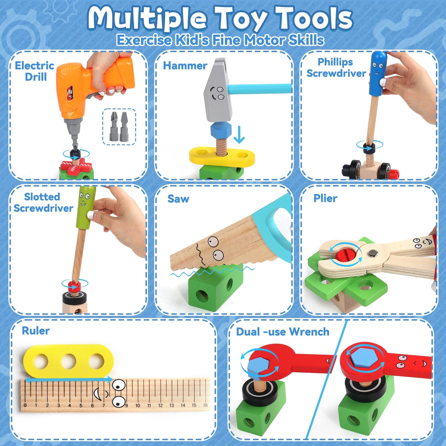TONZE Kids Tool Set – 44 Pcs STEM Montessori Wooden Toy for 3-5 Year Olds with Apron & Tool Box