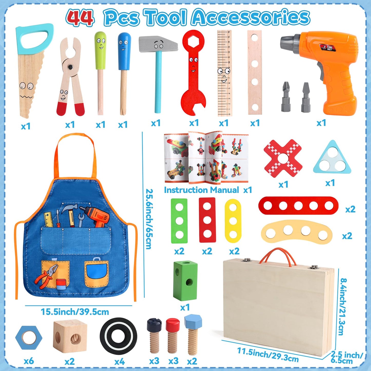 TONZE Kids Tool Set – 44 Pcs STEM Montessori Wooden Toy for 3-5 Year Olds with Apron & Tool Box