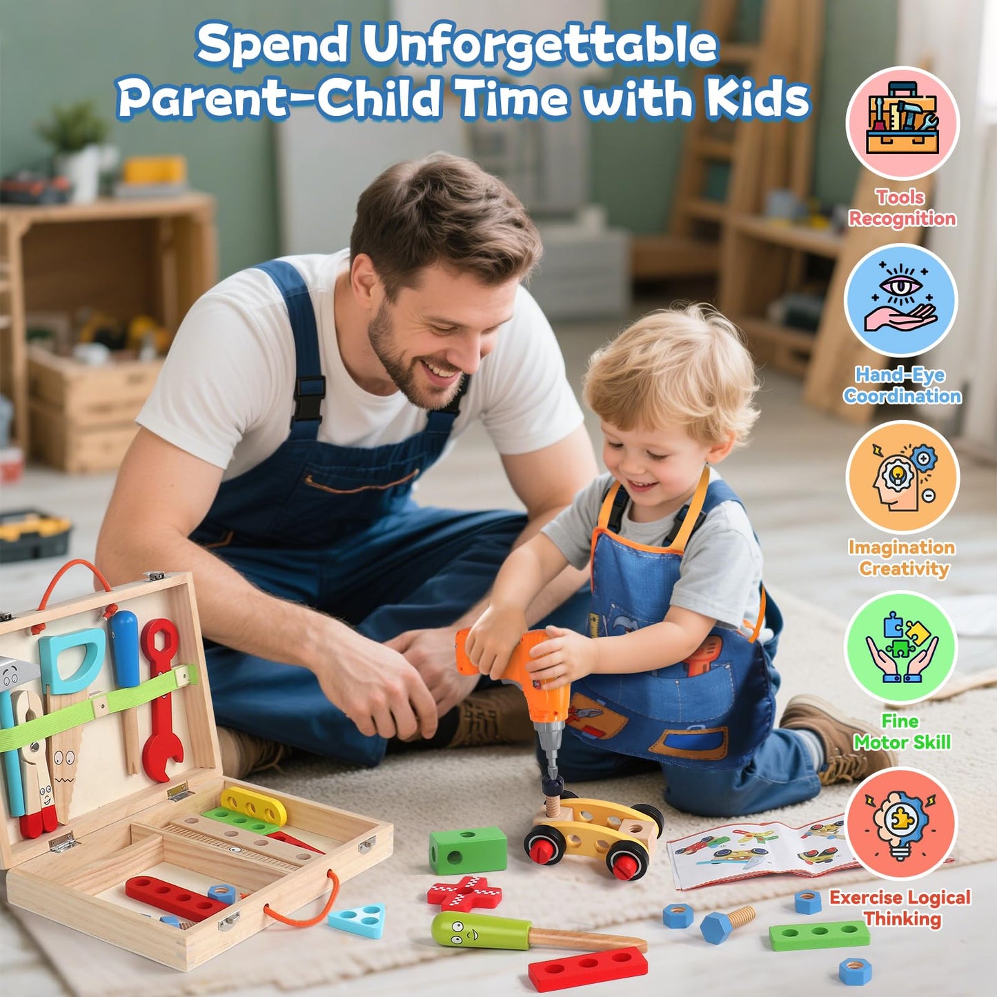TONZE Kids Tool Set – 44 Pcs STEM Montessori Wooden Toy for 3-5 Year Olds with Apron & Tool Box