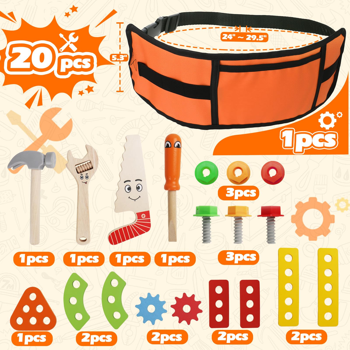 TONZE Kids Tool Set with Tool Belt - 20-Pcs Wooden Montessori STEM Toy for 2-4 Year Olds