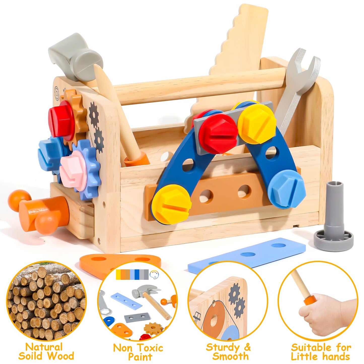 TONZE Kids Tool Set with Apron – 39-Piece Wooden Toddler Tool Bench for 2-5 Year Olds