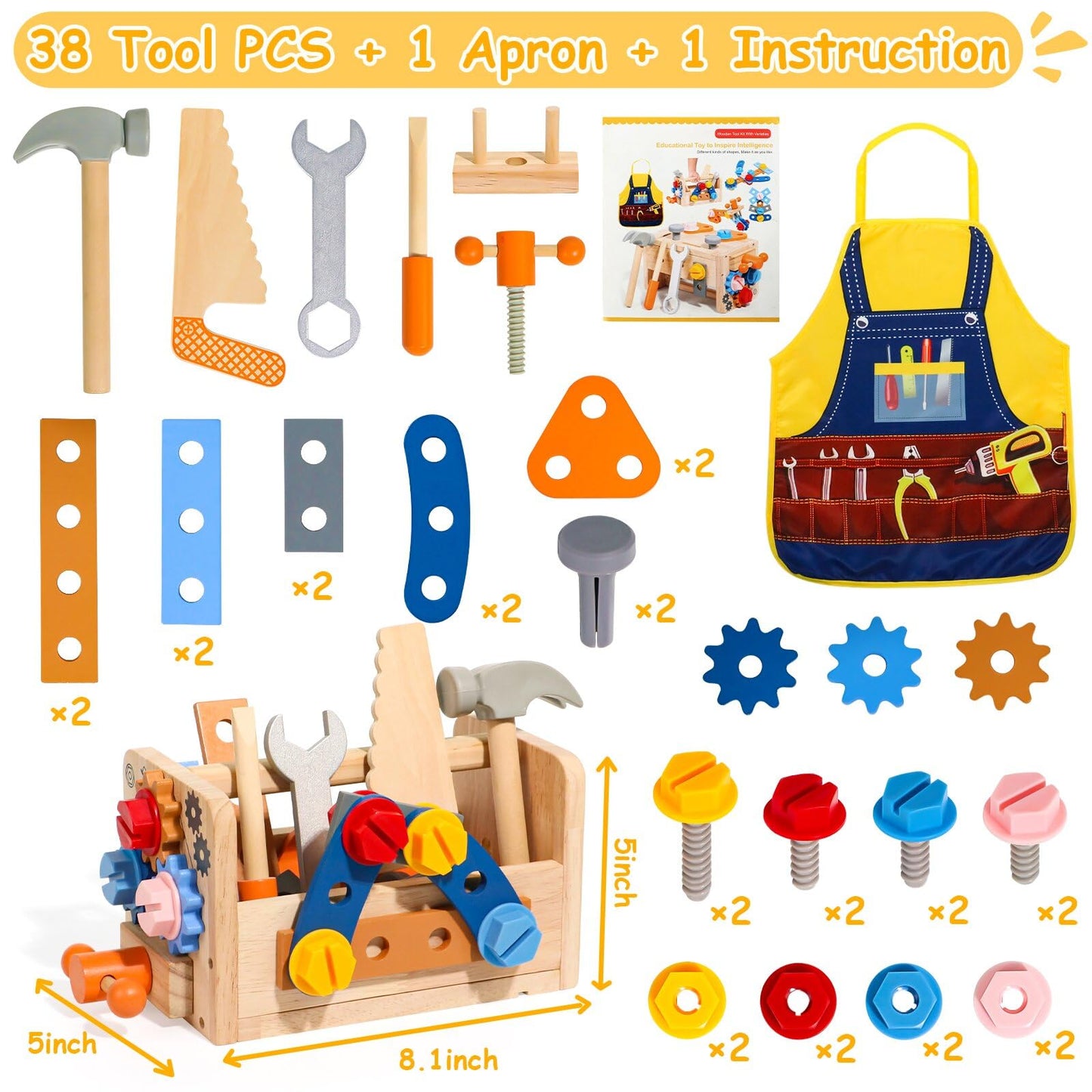 TONZE Kids Tool Set with Apron – 39-Piece Wooden Toddler Tool Bench for 2-5 Year Olds