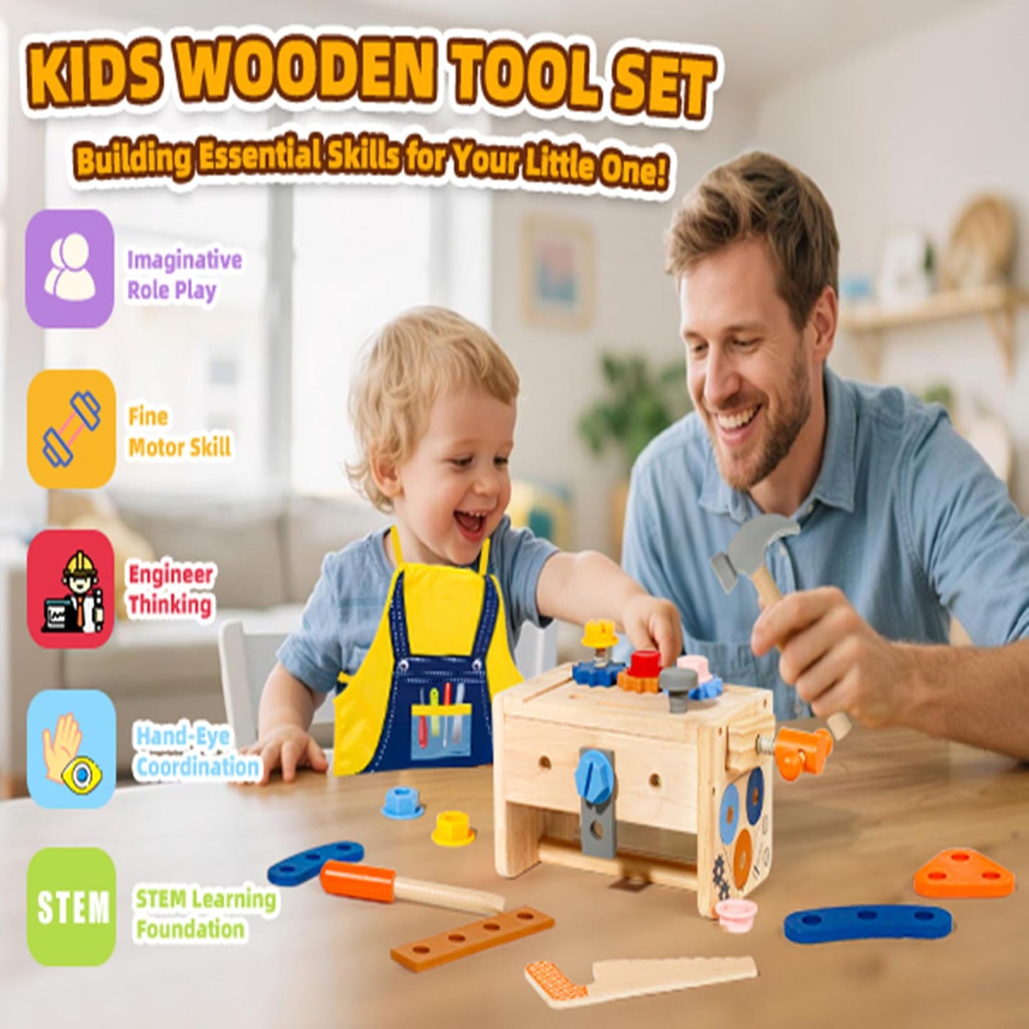 TONZE Kids Tool Set with Apron – 39-Piece Wooden Toddler Tool Bench for 2-5 Year Olds