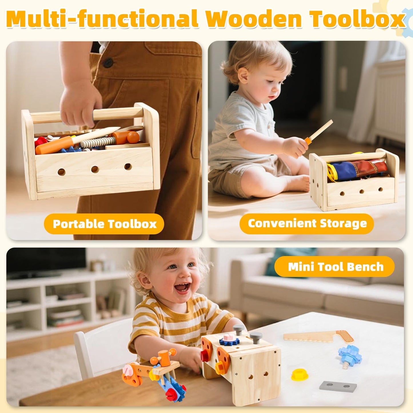 TONZE Kids Tool Set with Apron – 39-Piece Wooden Toddler Tool Bench for 2-5 Year Olds