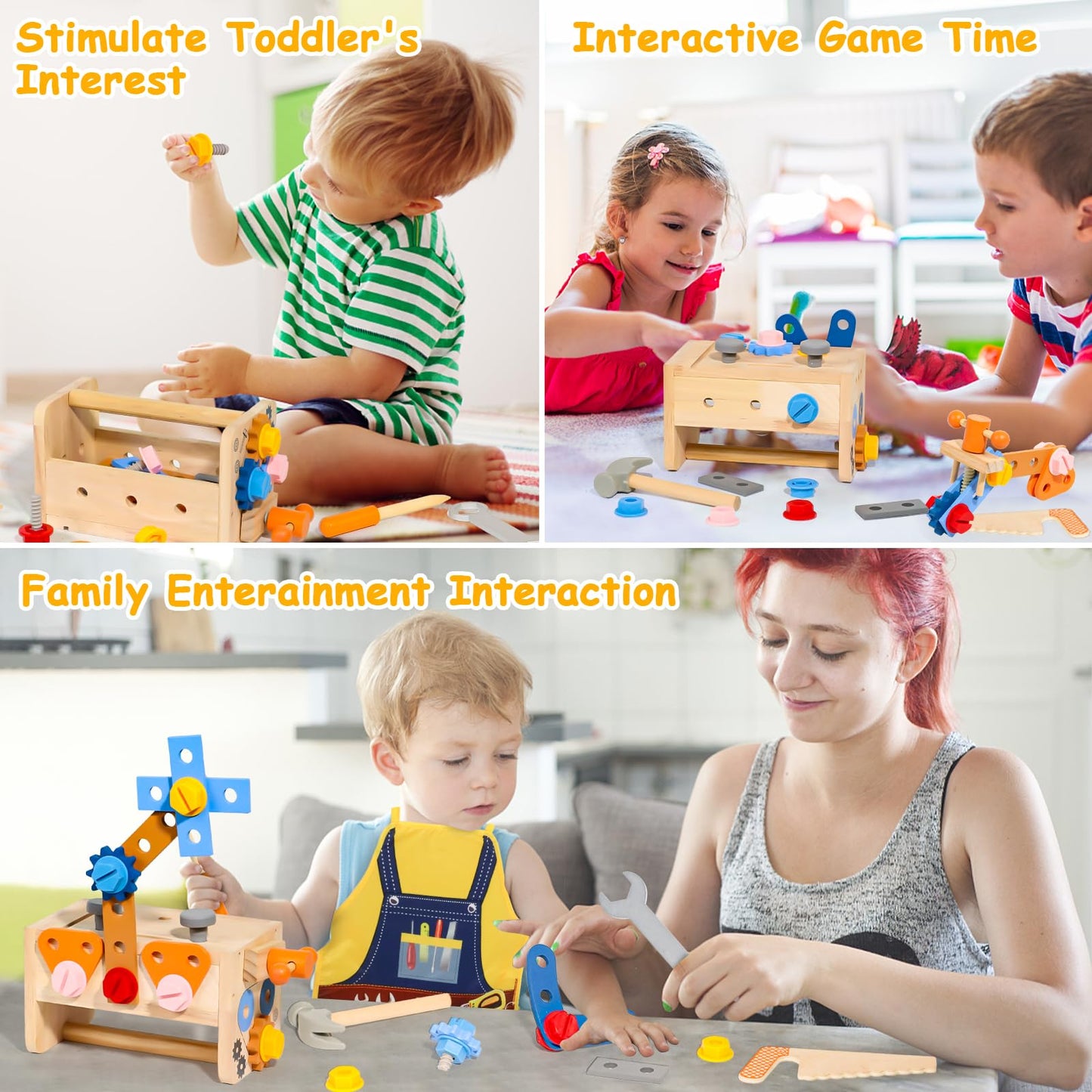 TONZE Kids Tool Set with Apron – 39-Piece Wooden Toddler Tool Bench for 2-5 Year Olds