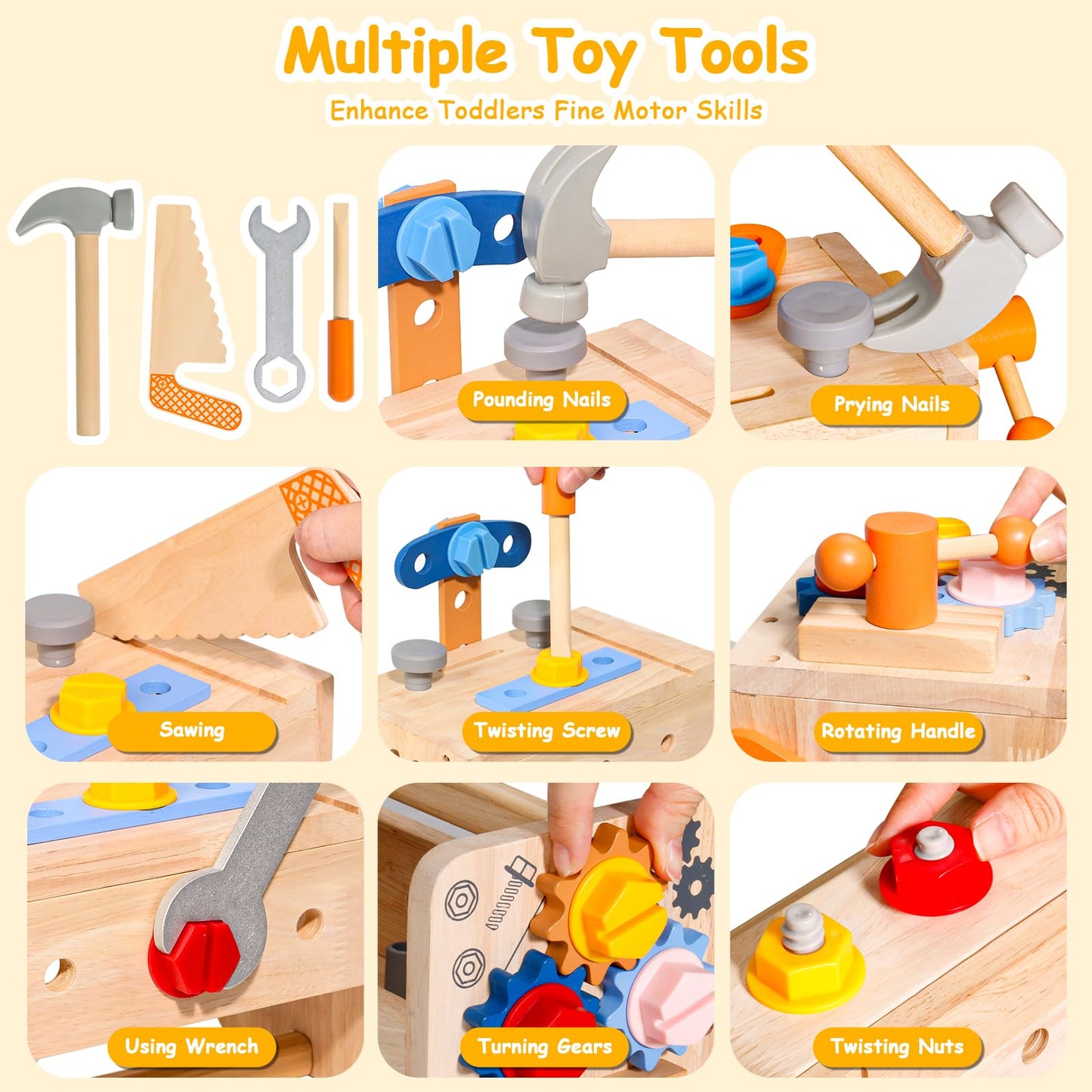TONZE Kids Tool Set with Apron – 39-Piece Wooden Toddler Tool Bench for 2-5 Year Olds