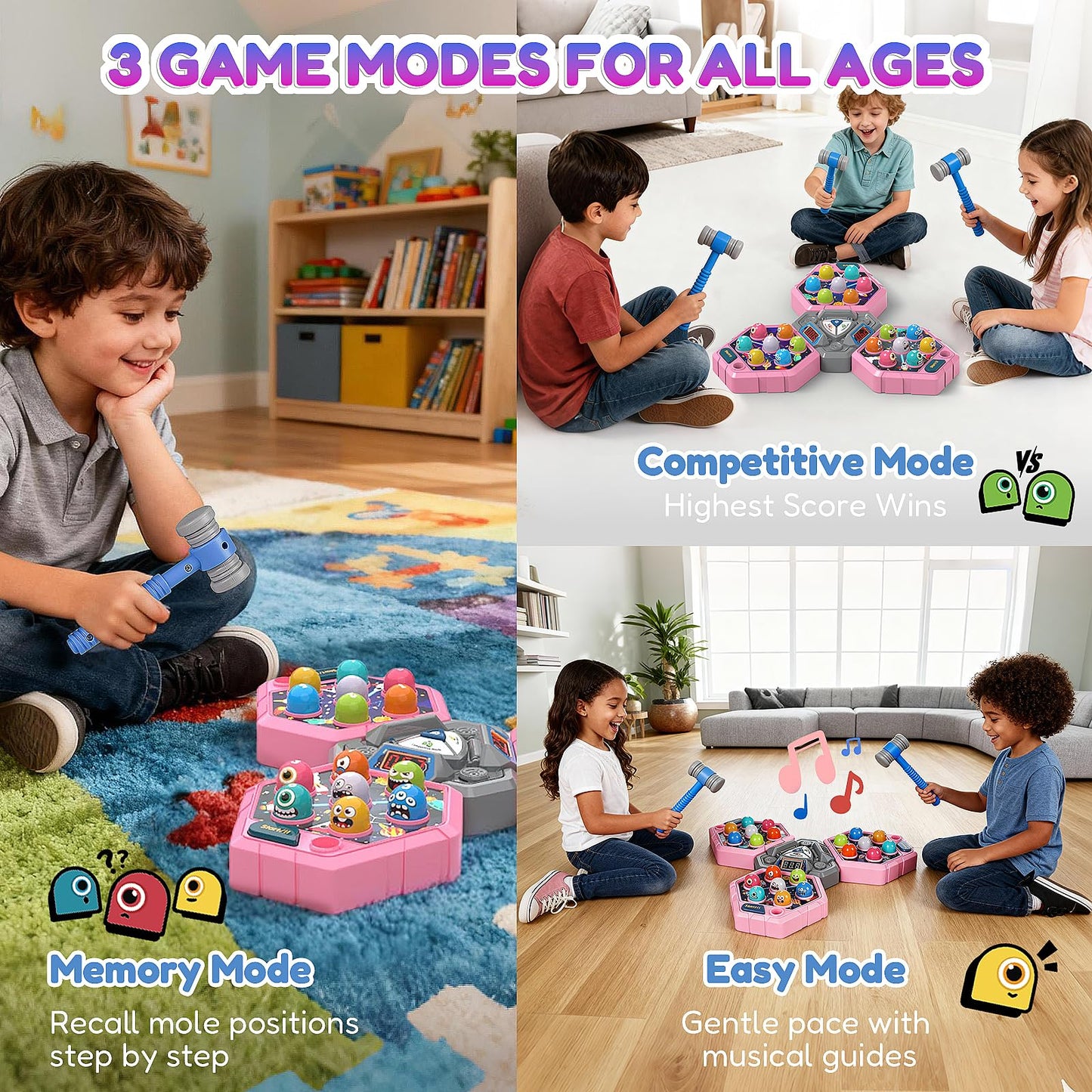 TooLion 3-Player Whack Game Mole – Safe, Engaging Toy for 3–12 kids