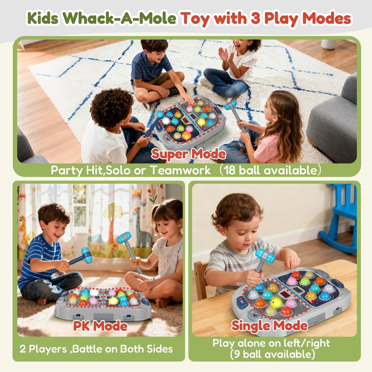 TooLion 2-Player Whack Game Mole – 3 Modes, Sound & Light, Safe Toy for Kids 3–12