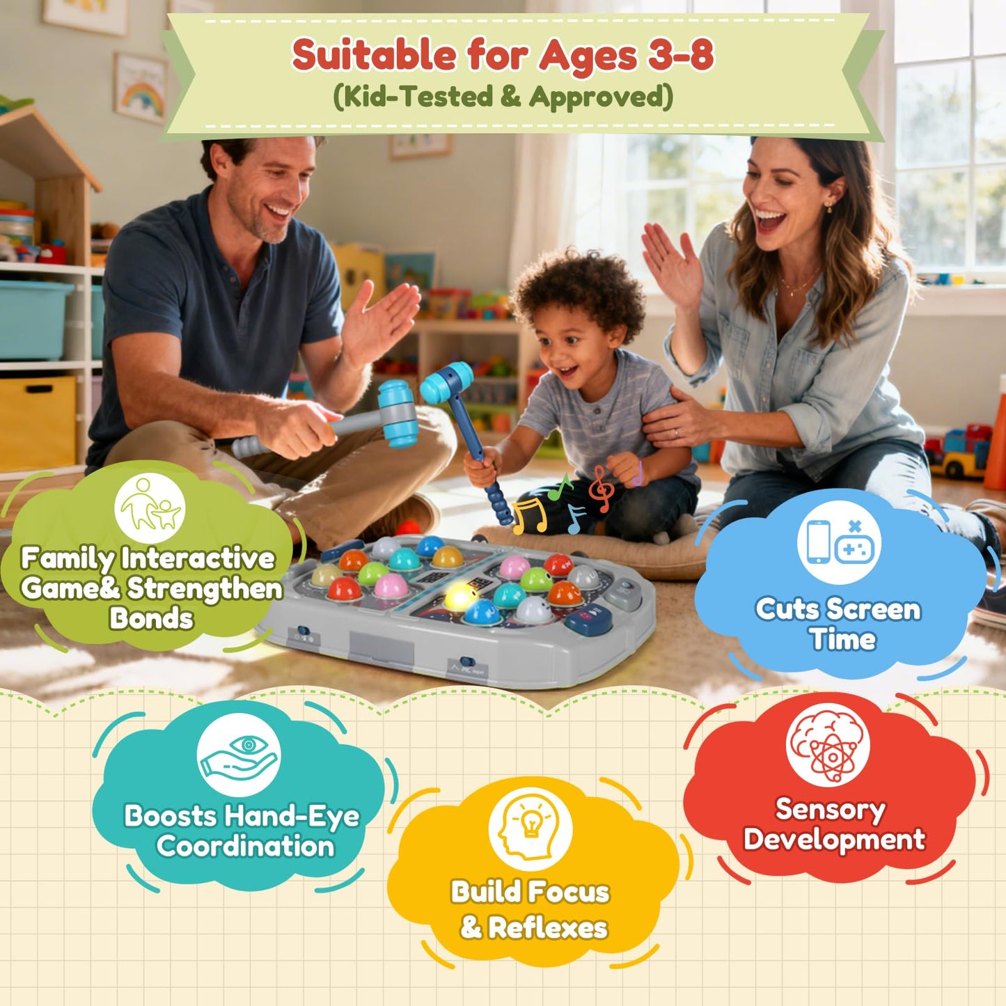TooLion 2-Player Whack Game Mole – 3 Modes, Sound & Light, Safe Toy for Kids 3–12