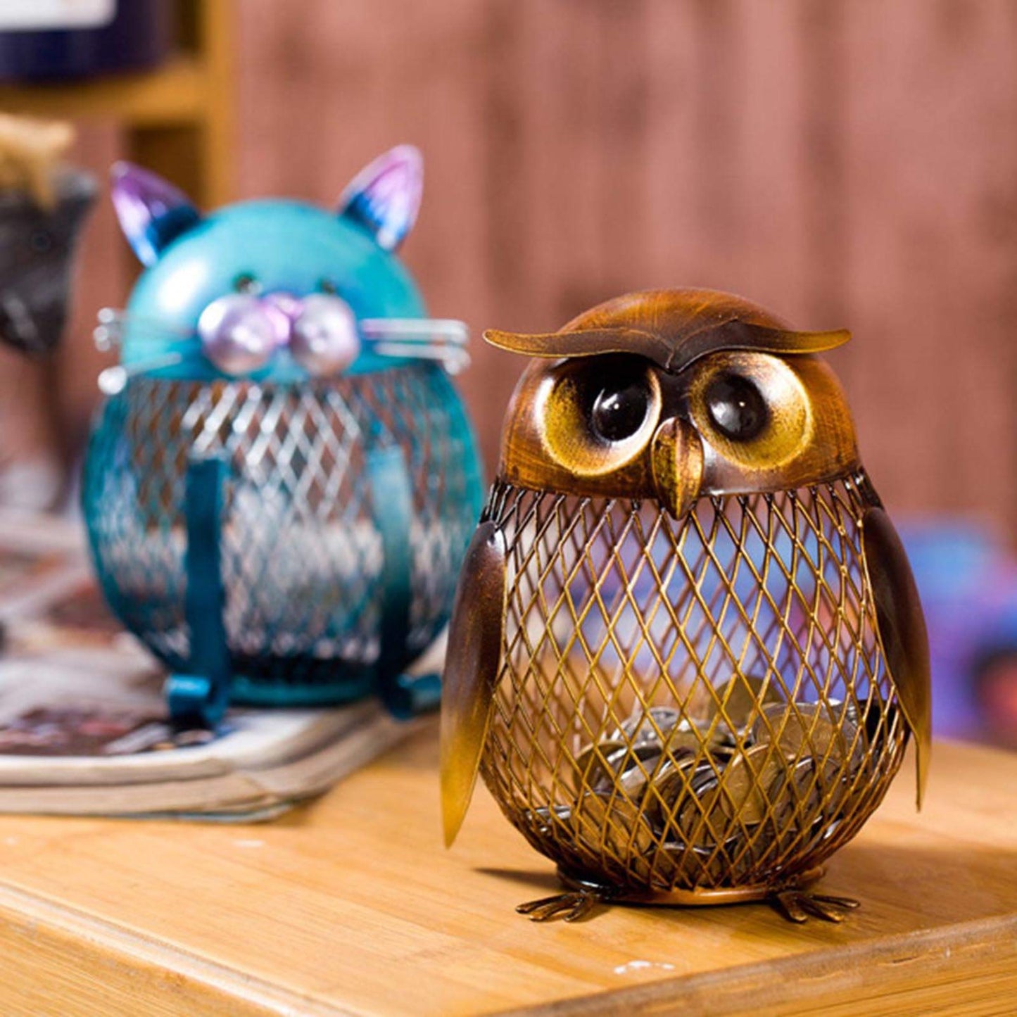 Tooarts Owl Shaped Metal Coin Bank Box – Handwork Crafting Art