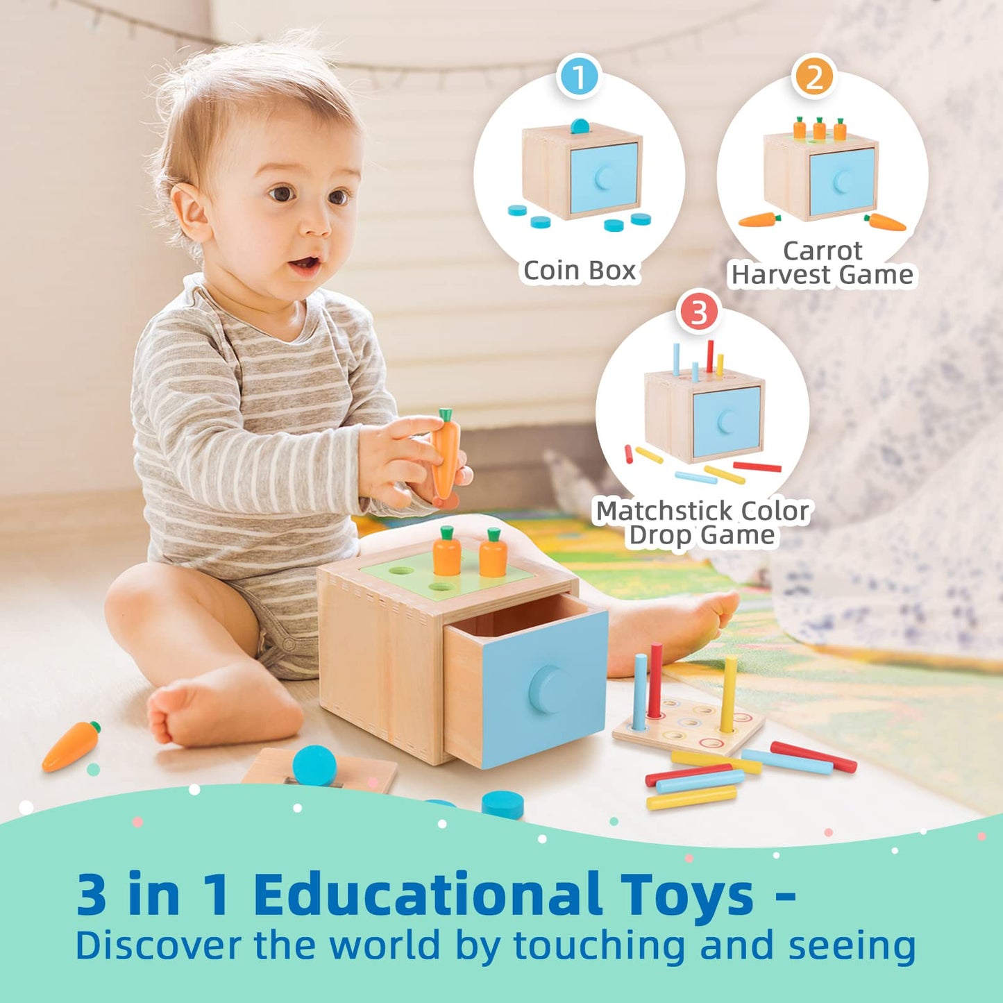 TOOKYLAND Montessori Toys for 1 Year Olds – 8 in 1 Wooden Learning Set
