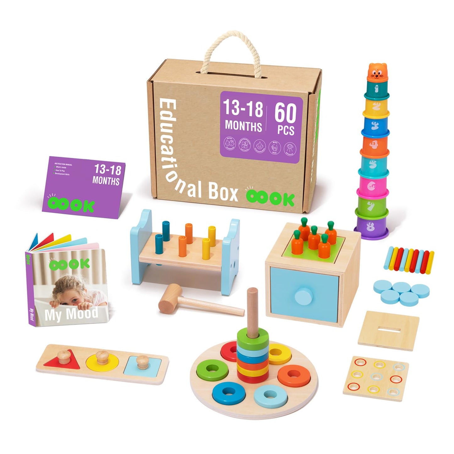 TOOKYLAND Montessori Toys for 1 Year Olds – 8 in 1 Wooden Learning Set