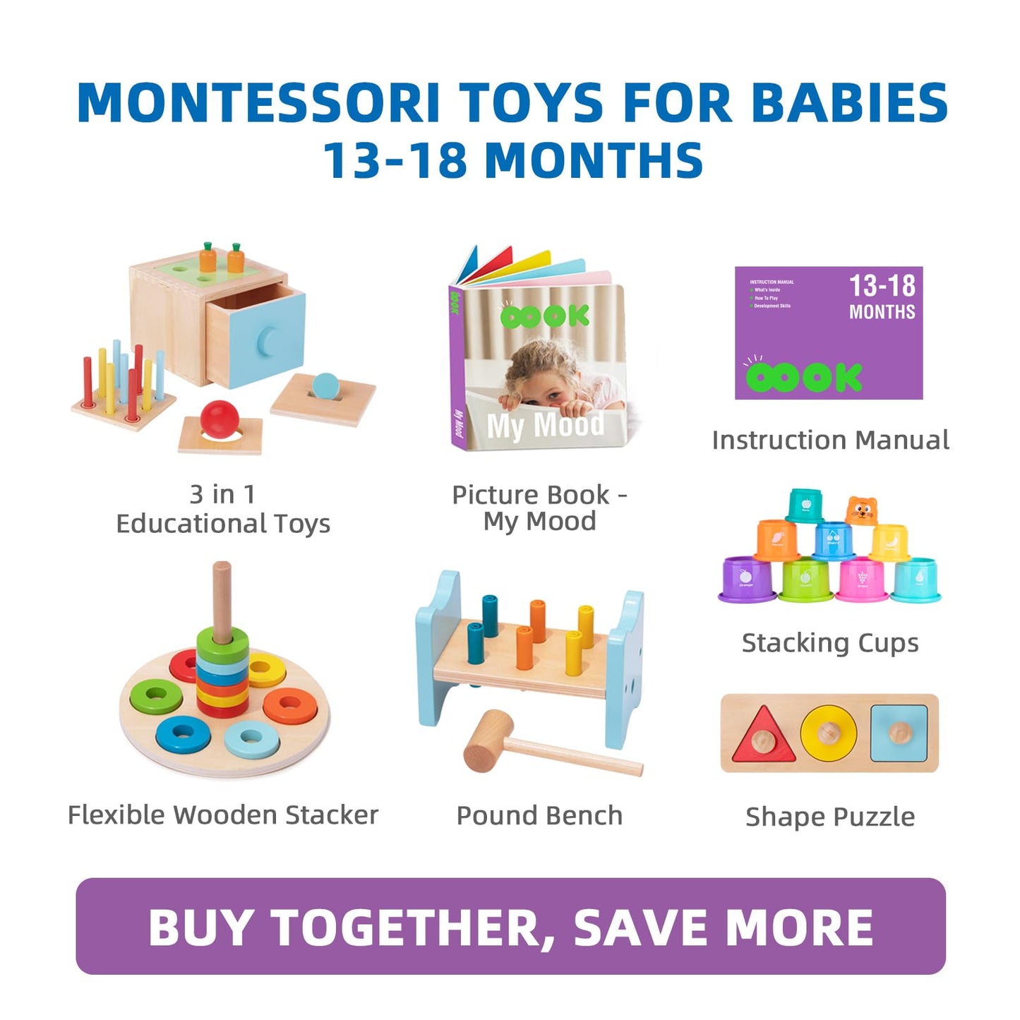 TOOKYLAND Montessori Toys for 1 Year Olds – 8 in 1 Wooden Learning Set