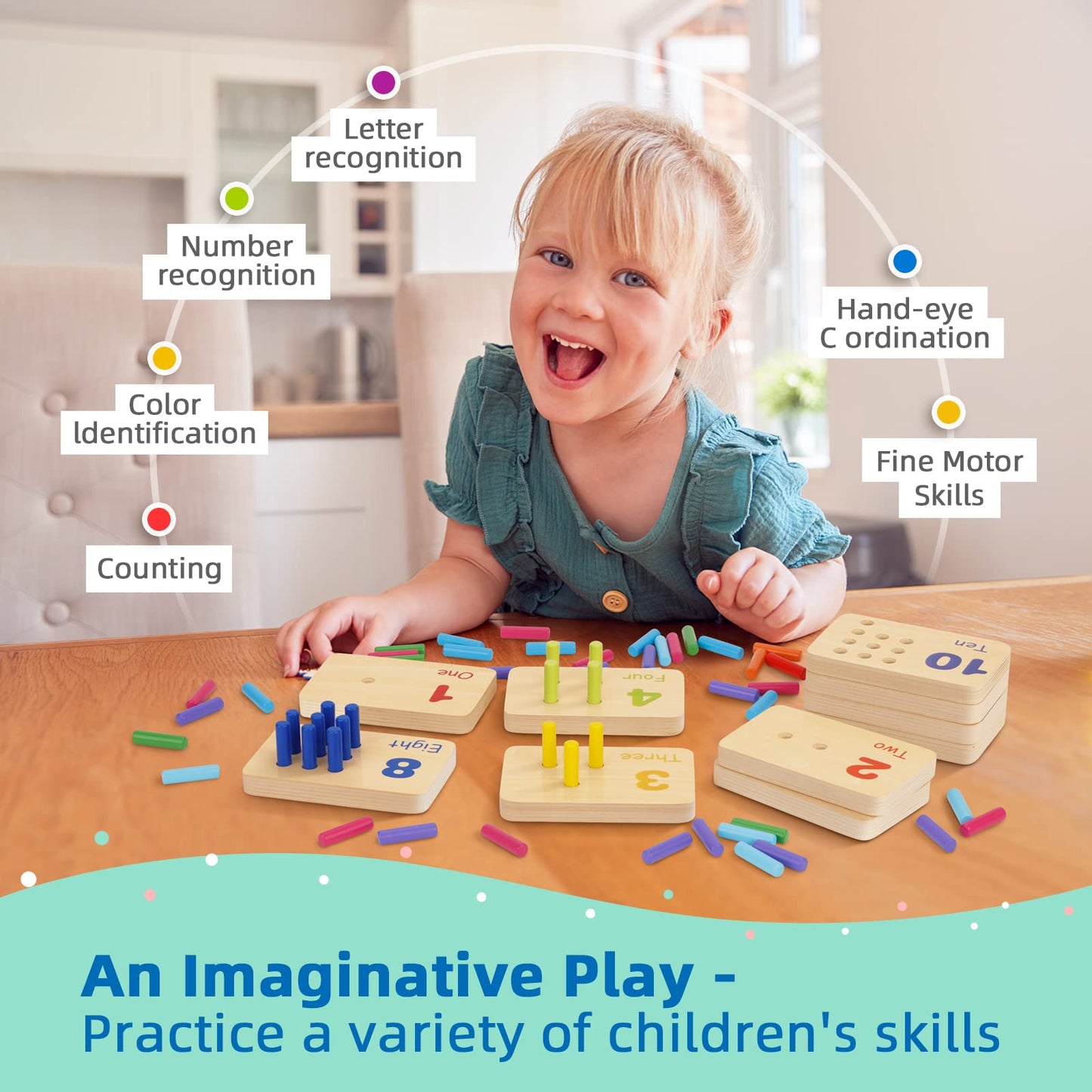 TOOKYLAND Peg Board Toddler Toys — Montessori Counting Wooden Math Manipulatives